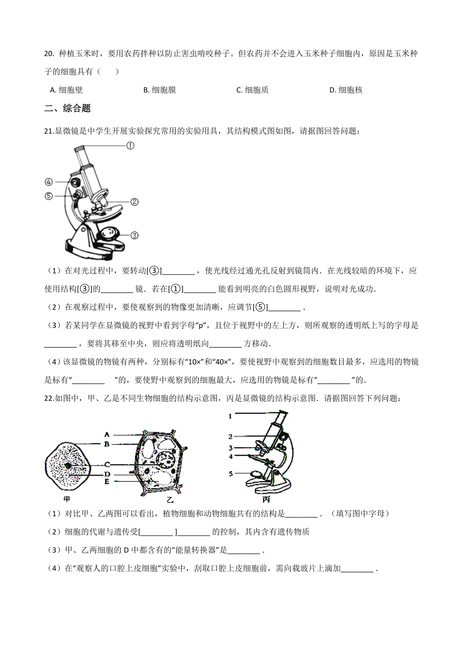 北师大版七年级上册生物复习题--第二单元-生物体的结构.doc_第3页