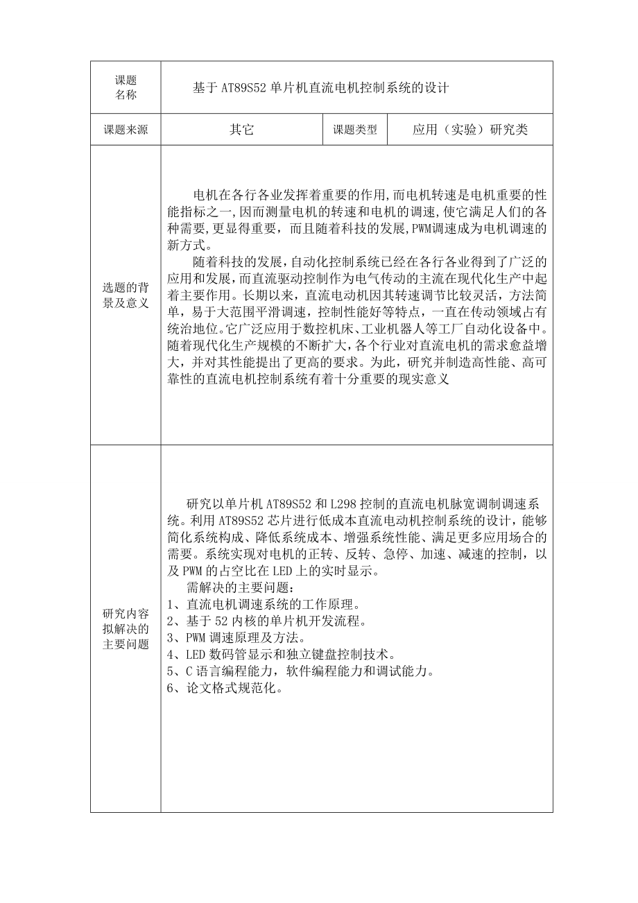 开题报告基于AT89S52单片机直流电机PWM控制系统.doc_第3页