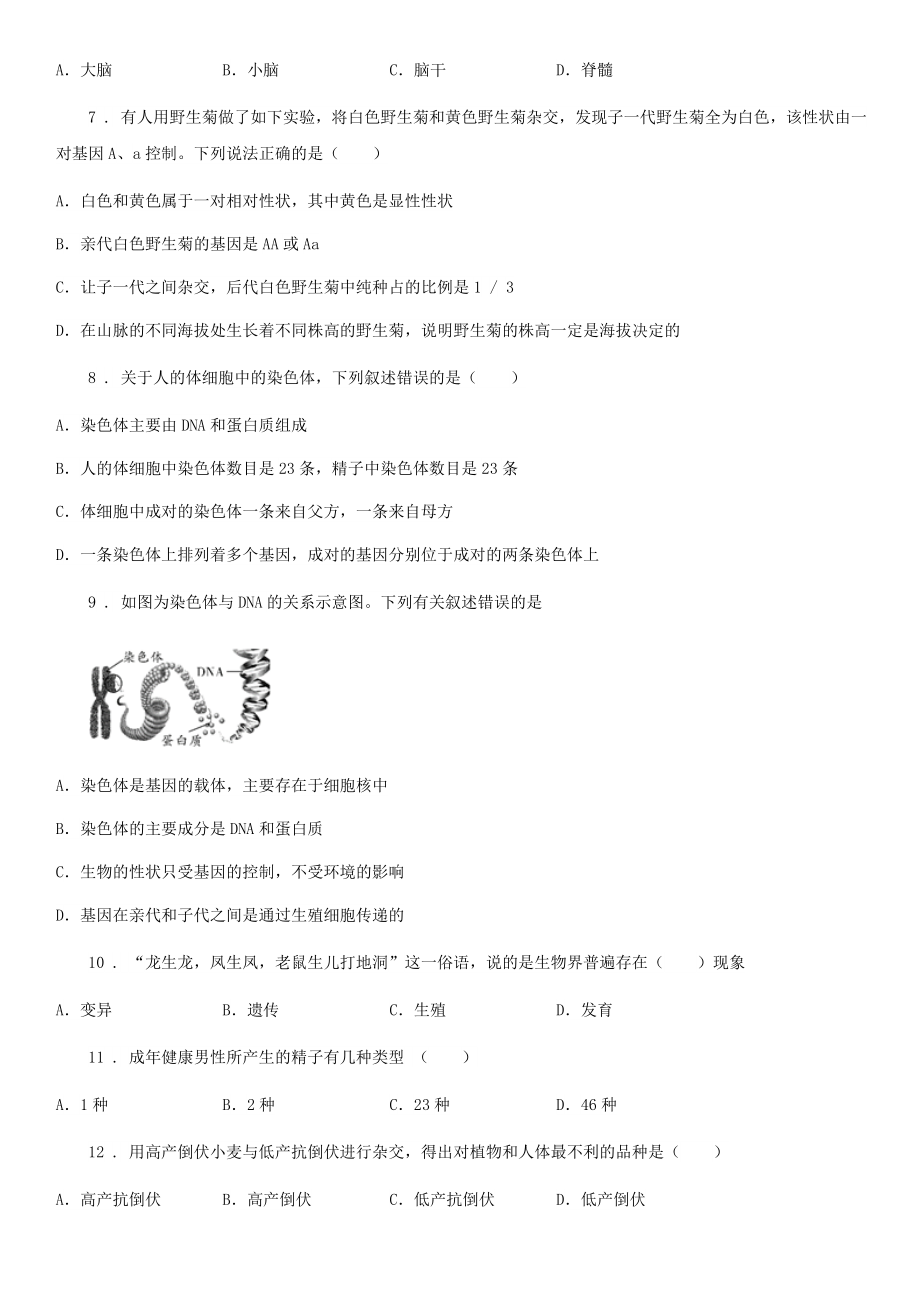 济南版八年级上册生物第四单元-第四章-生物的遗传与变异-单元巩固练习题.doc_第2页