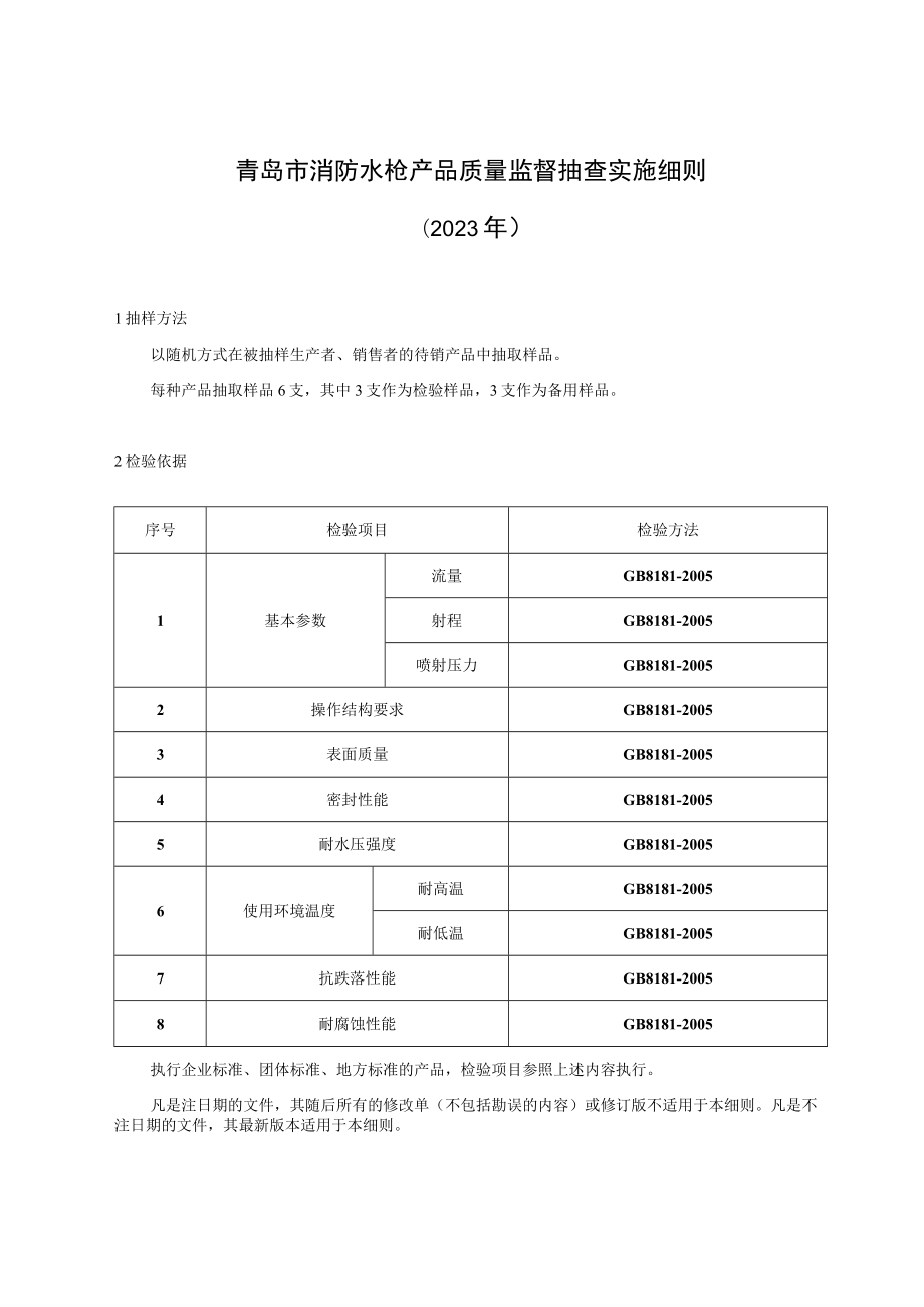 青岛市消防水枪产品质量监督抽查实施细则2023年.docx_第1页