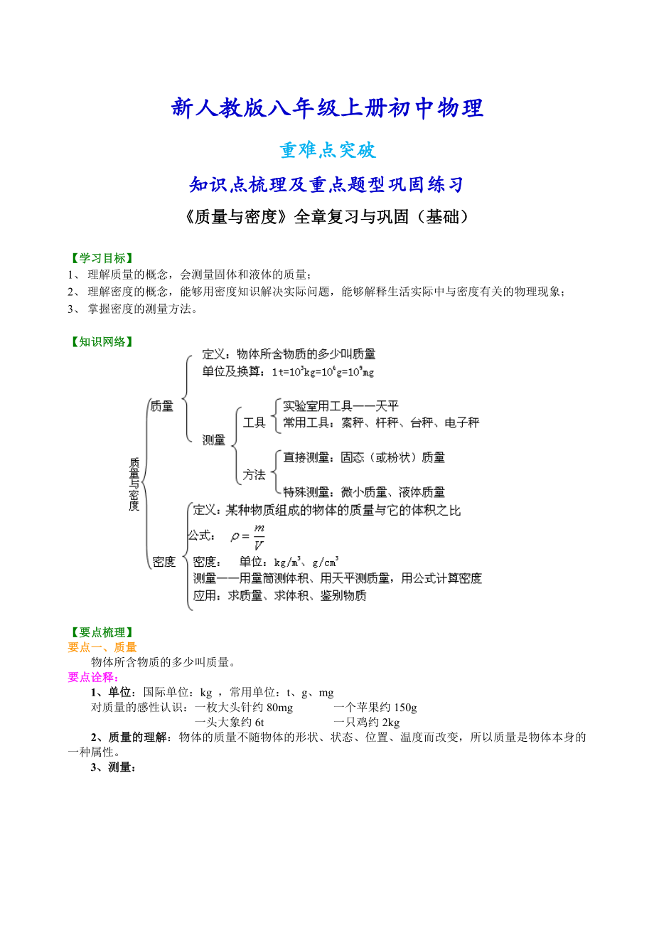 新人教版八年级上册物理《质量与密度》全章复习与巩固（基础）知识点整理及重点题型梳理.doc_第1页