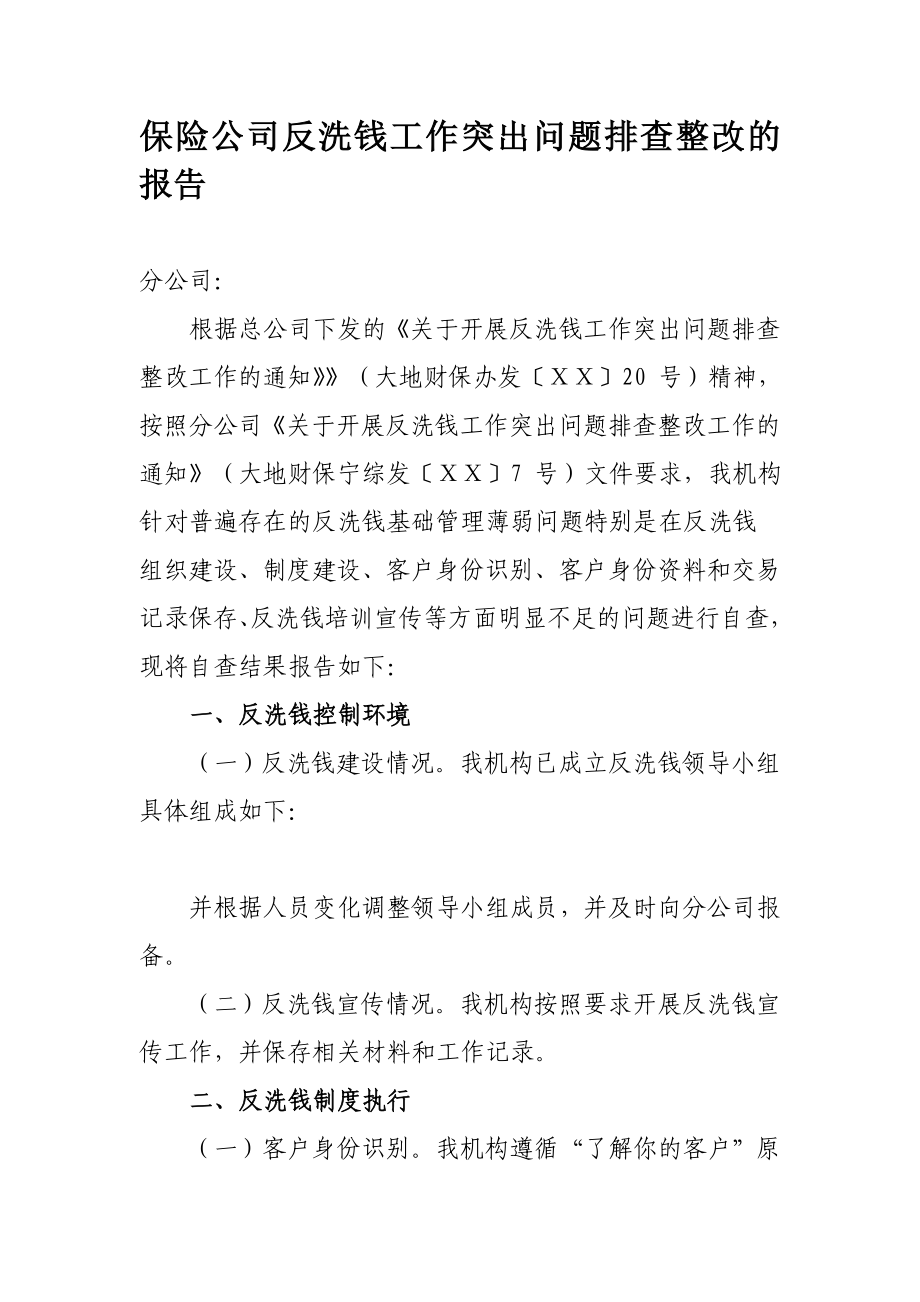 保险公司反洗钱工作突出问题排查整改的报告.doc_第1页