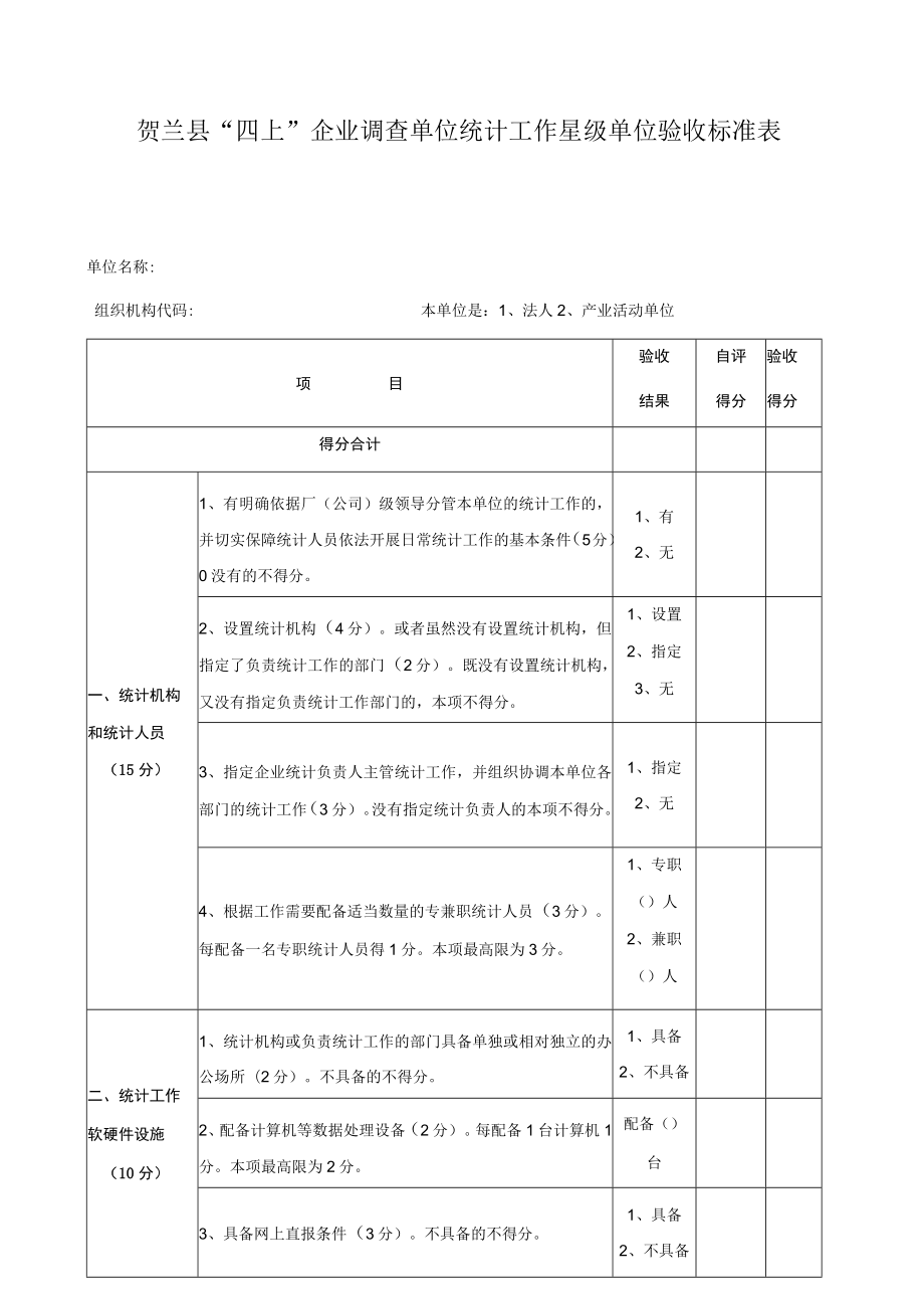 贺兰县“四上”企业调查单位统计工作星级单位验收标准表.docx_第1页