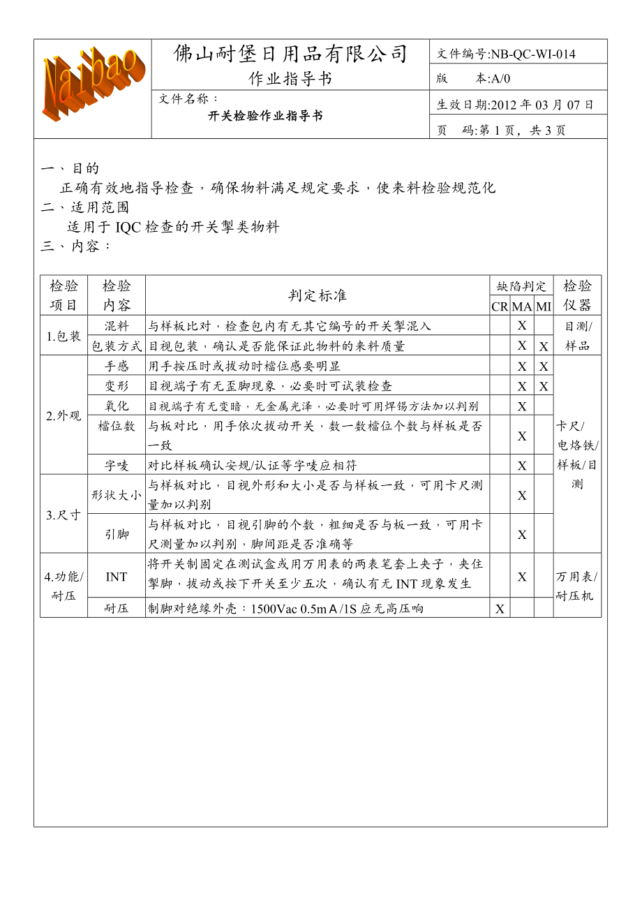 开关检验作业指导书.doc_第1页