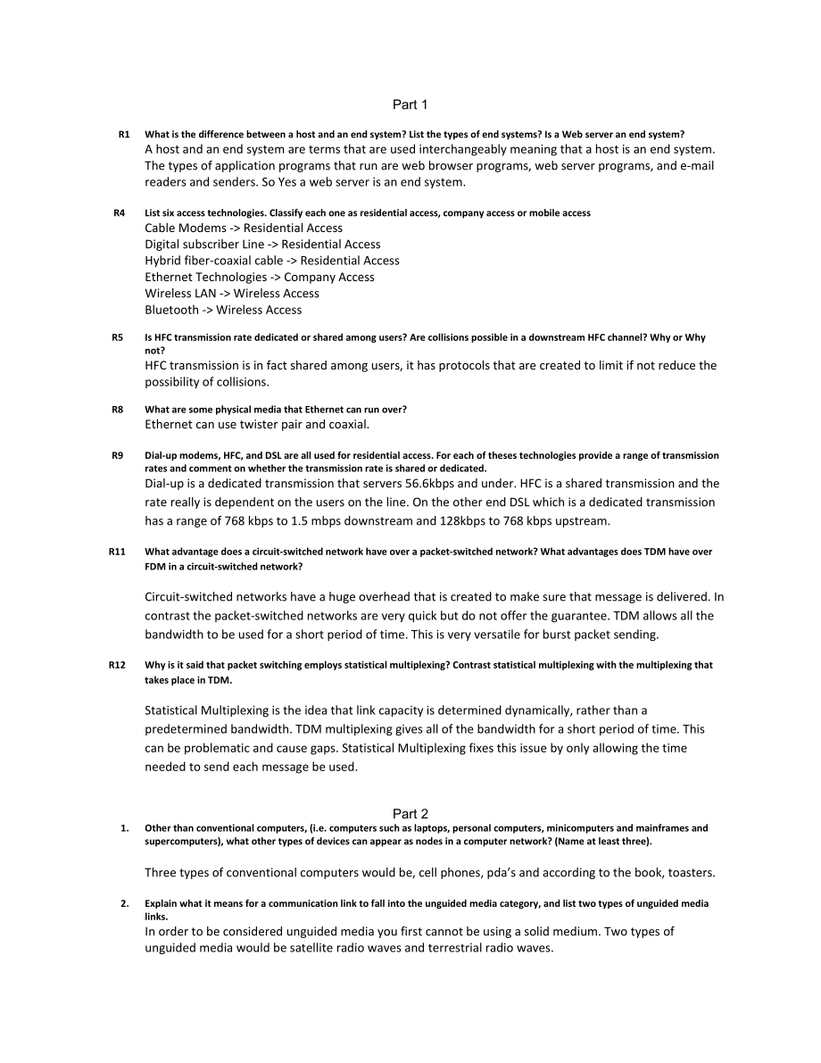 Part 1 R1 What is the difference between a host and an end system ....doc_第1页