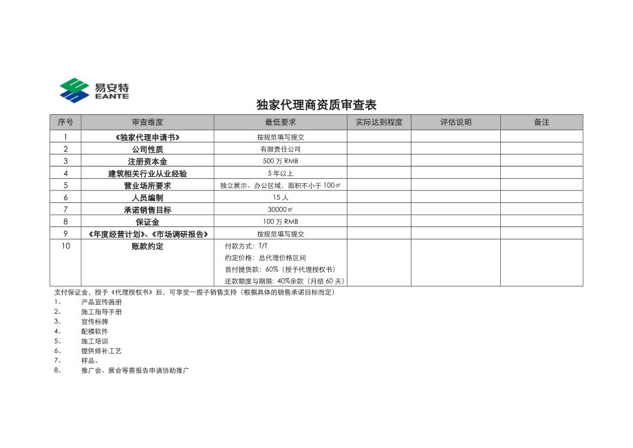 独家代理商资质审查表海源、易安特.doc_第1页