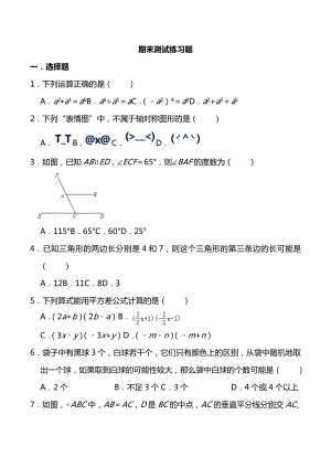 北师大版七年级数学下册期末复习练习题(有答案).doc