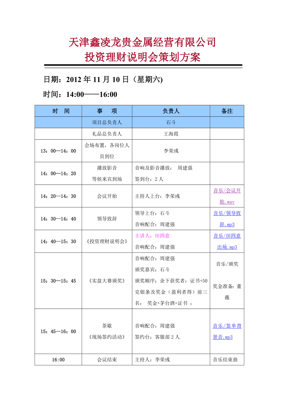 金属经营有限公司投资理财说明会策划方案.doc_第1页