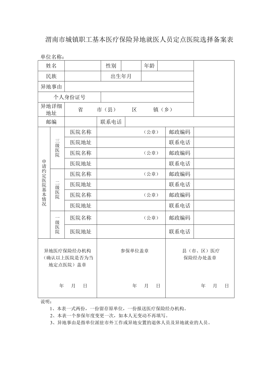 西安市医疗保险异地安置人员定点医院选择备案表.doc_第1页