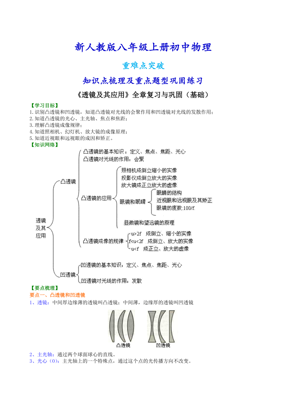 新人教版八年级上册物理《透镜及其应用》全章复习与巩固（基础）知识点整理及重点题型梳理.doc_第1页