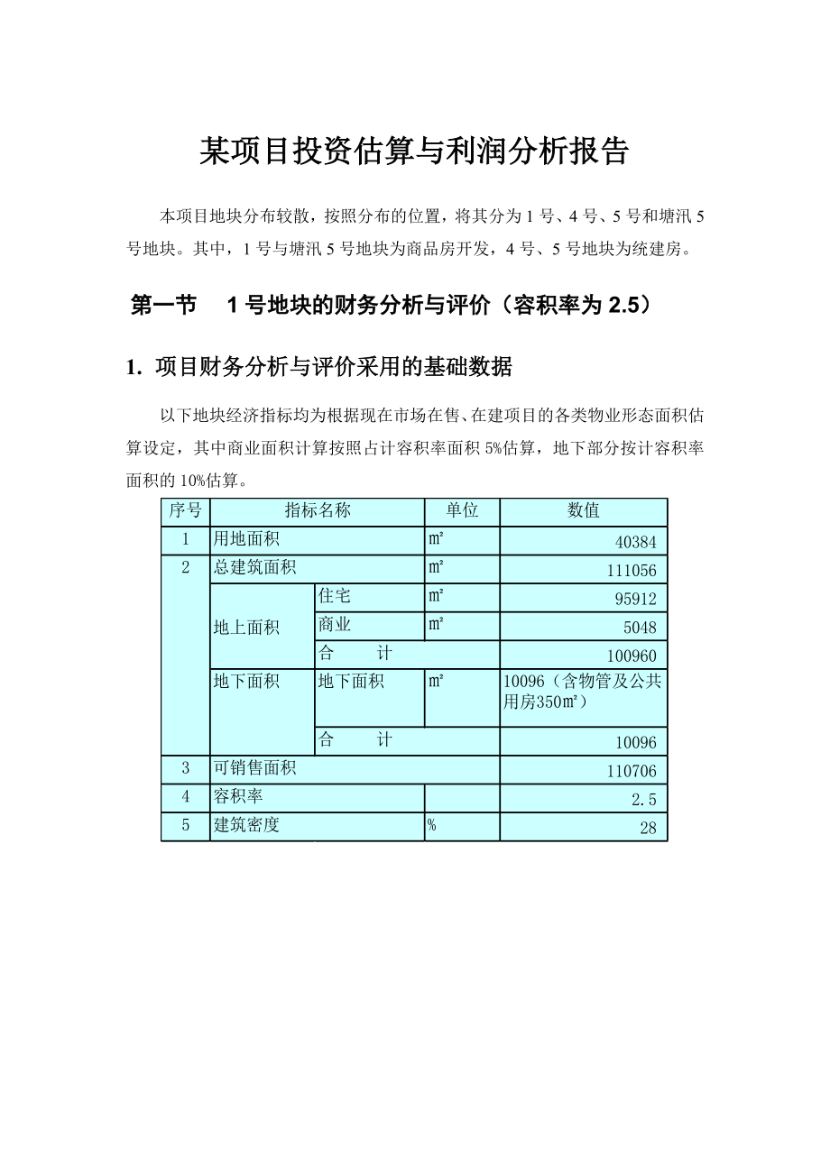 某项目投资估算与利润分析报告.doc_第1页