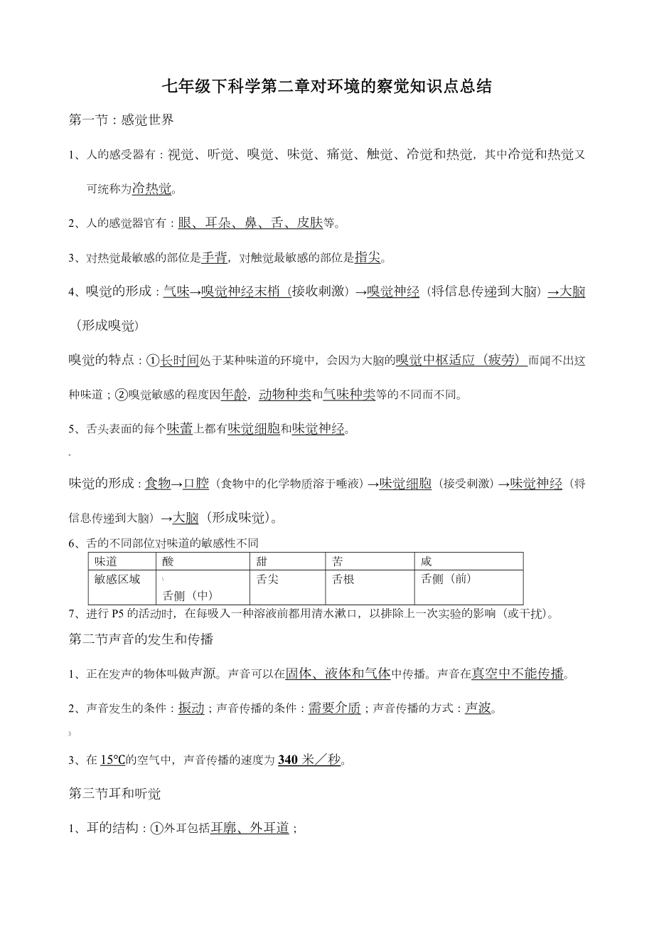 浙教版七年级下科学第二章对环境的察觉知识点总结.doc_第1页