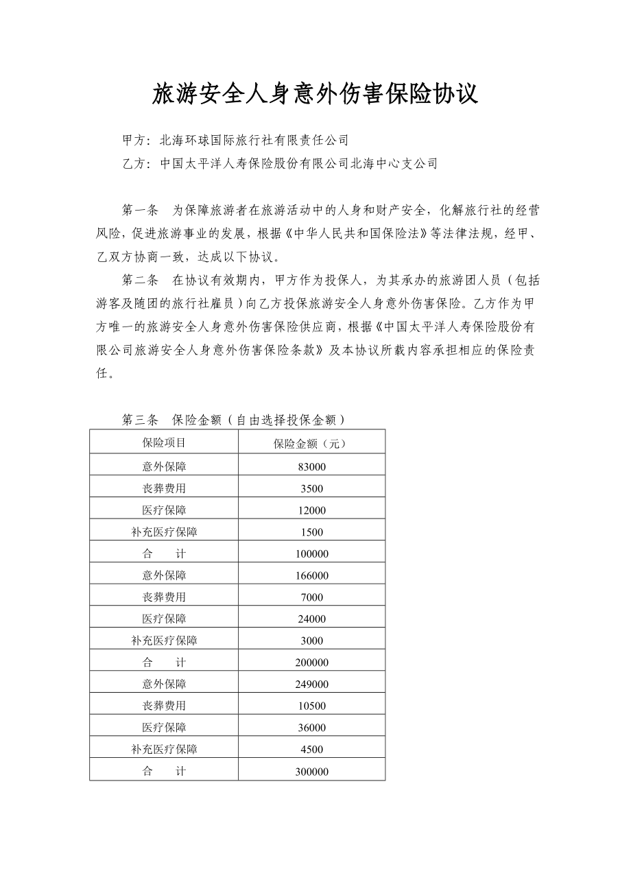 旅游意外保险协议北海环球国际旅行社.doc_第1页