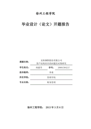 开题报告安阳钢铁股份有限公司资产结构存在的问题及对策研究.doc