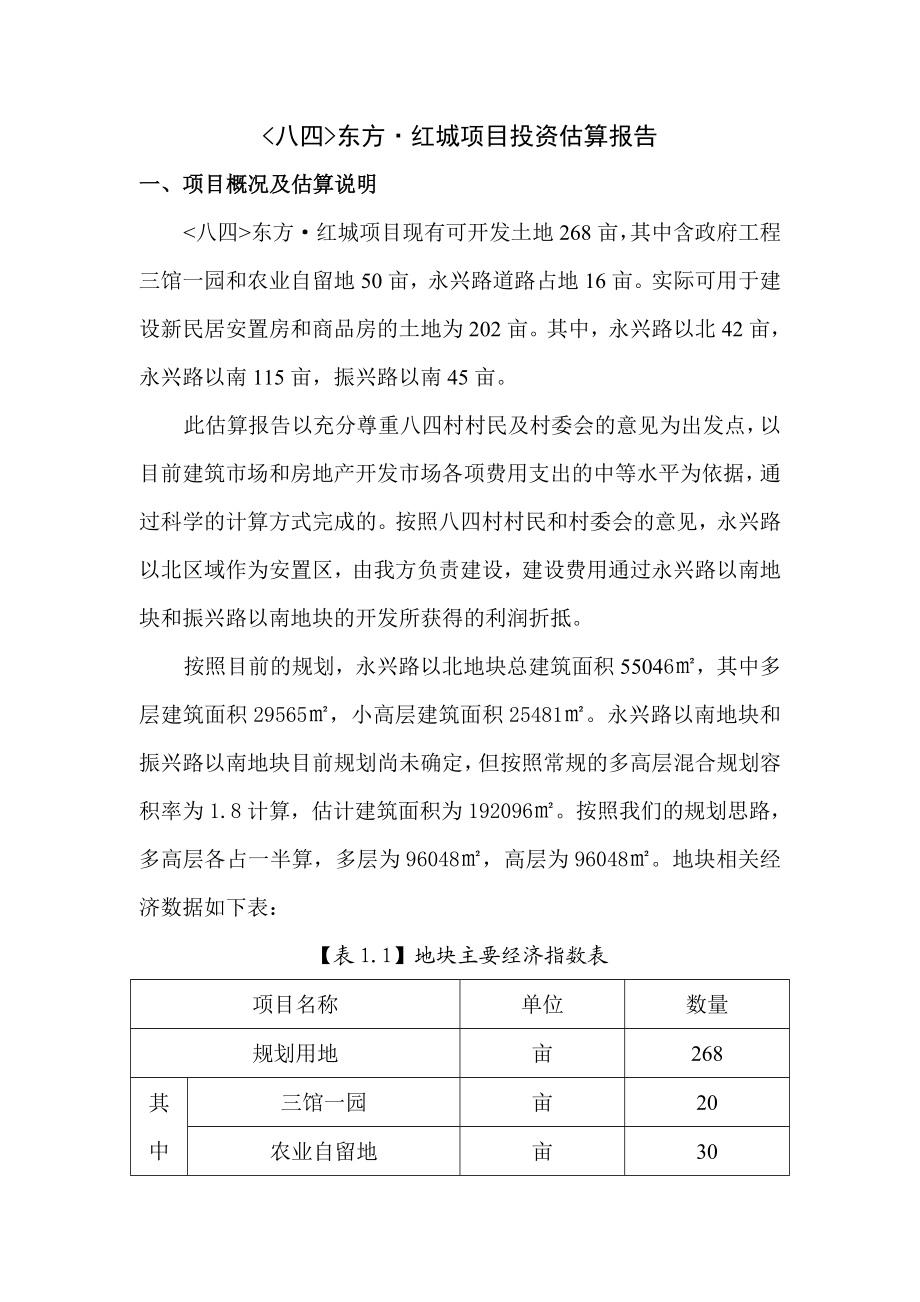 八四东方·红城项目投资估算报告.doc_第1页