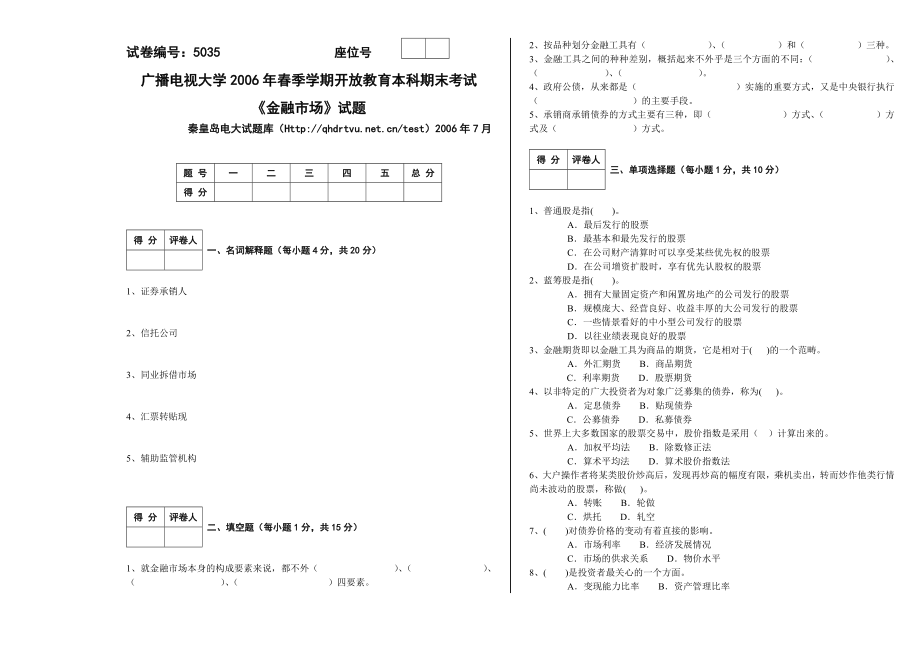 7月 5035金融市场试卷A.doc_第1页