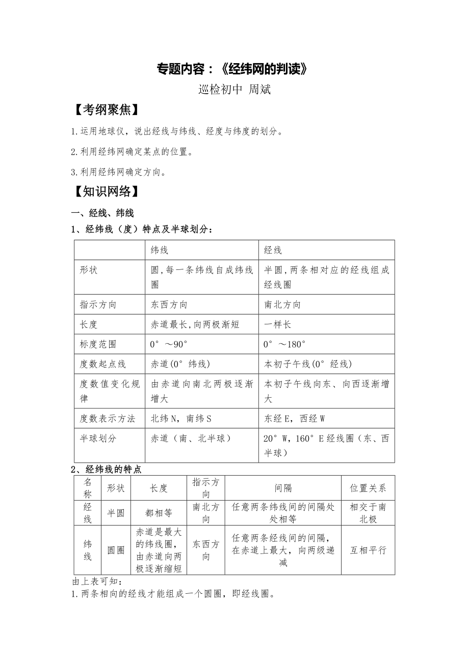 地理专题复习《经纬网的判读》解析.doc_第1页