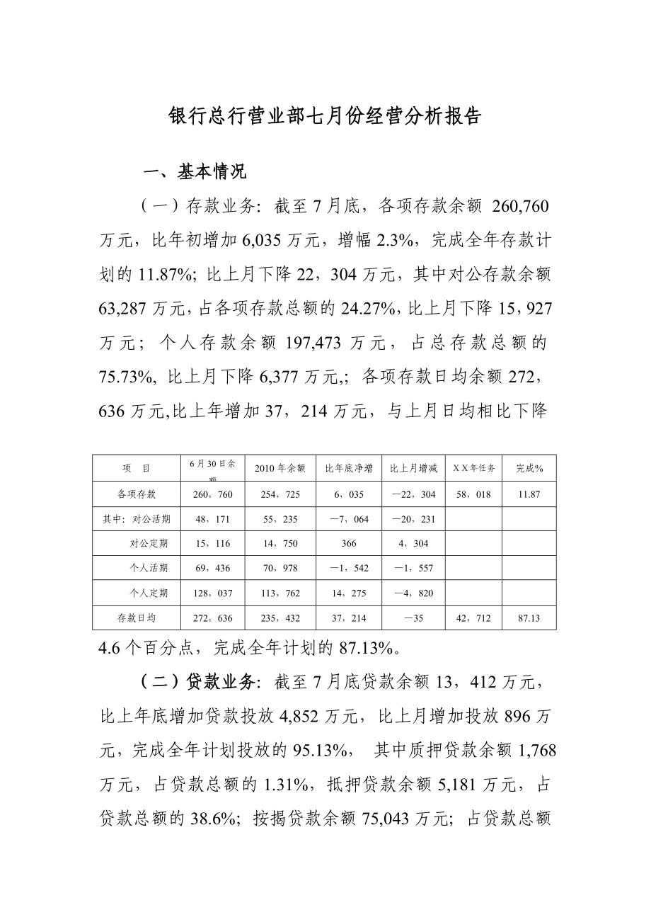 银行总行营业部七月份经营分析报告.doc_第1页