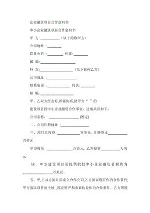 企业融资项目合作意向书.doc