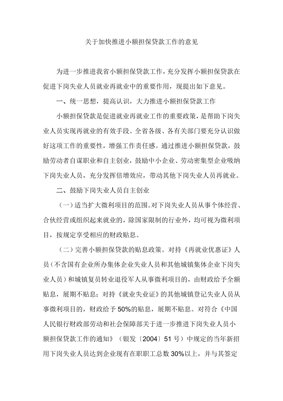 关于加快推进小额担保贷款工作的意见.doc_第1页