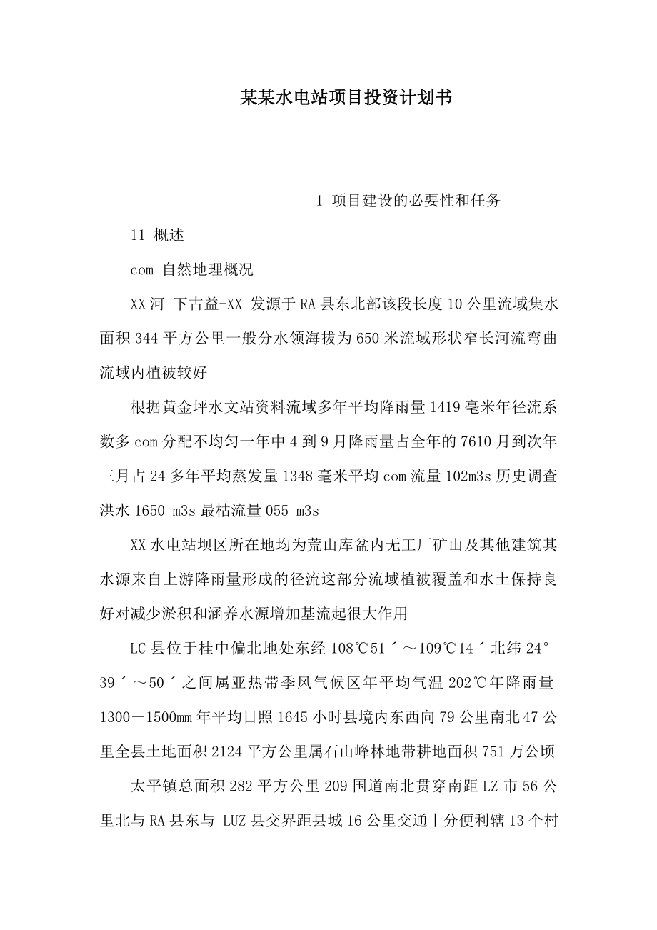 某某水电站项目投资计划书（可编辑）.doc_第1页