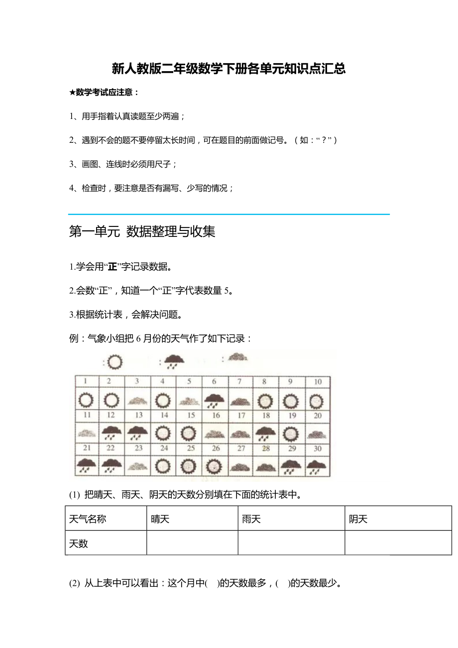 新人教版二年级数学下册各单元知识点汇总.doc_第1页