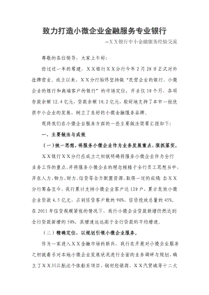 银行中小金融服务经验交流：致力打造小微企业金融服务专业银行.doc