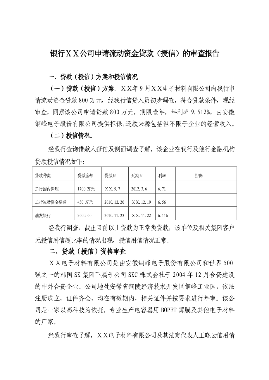 银行ⅩⅩ公司申请流动资金贷款（授信）的审查报告.doc_第1页