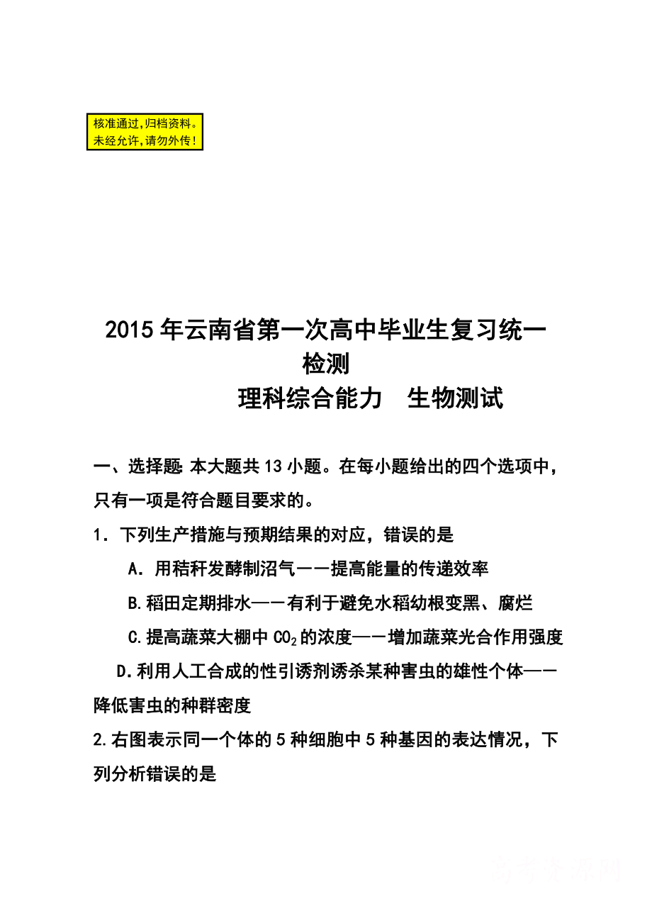 云南省高三第二次高中毕业生复习统一检测理科综合试题及答案.doc_第1页