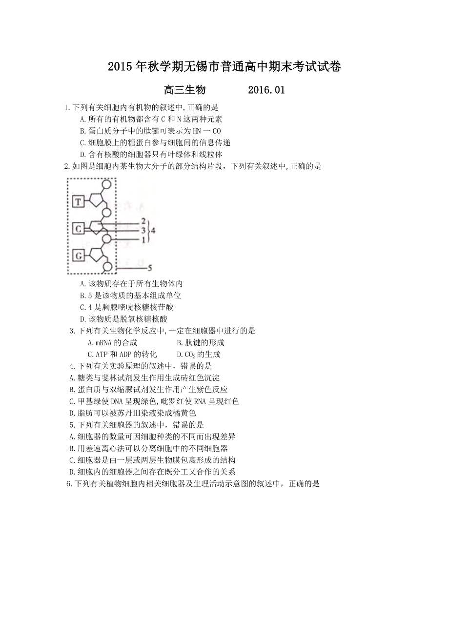 江苏省无锡市高三上学期期末考试 生物试卷及答案.doc_第1页