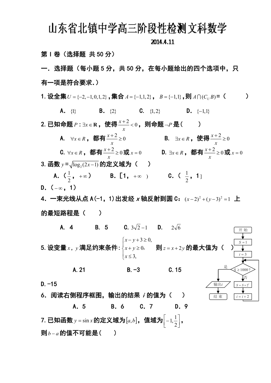 山东省滨州市北镇中学高三4月阶段性检测文科数学试题及答案.doc_第1页