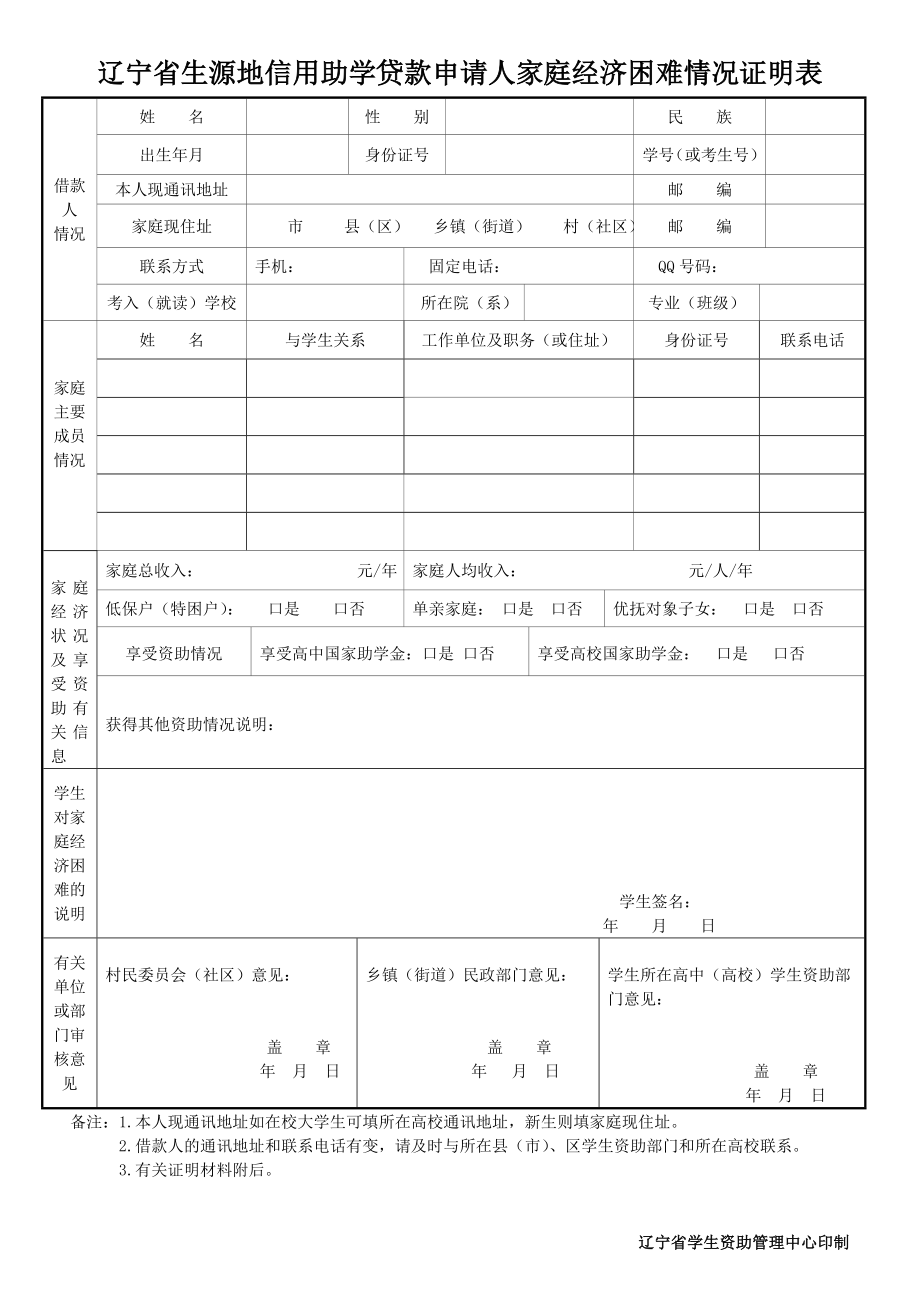 辽宁省生源地信用助学贷款申请人家庭经济困难情况证明表.doc_第1页