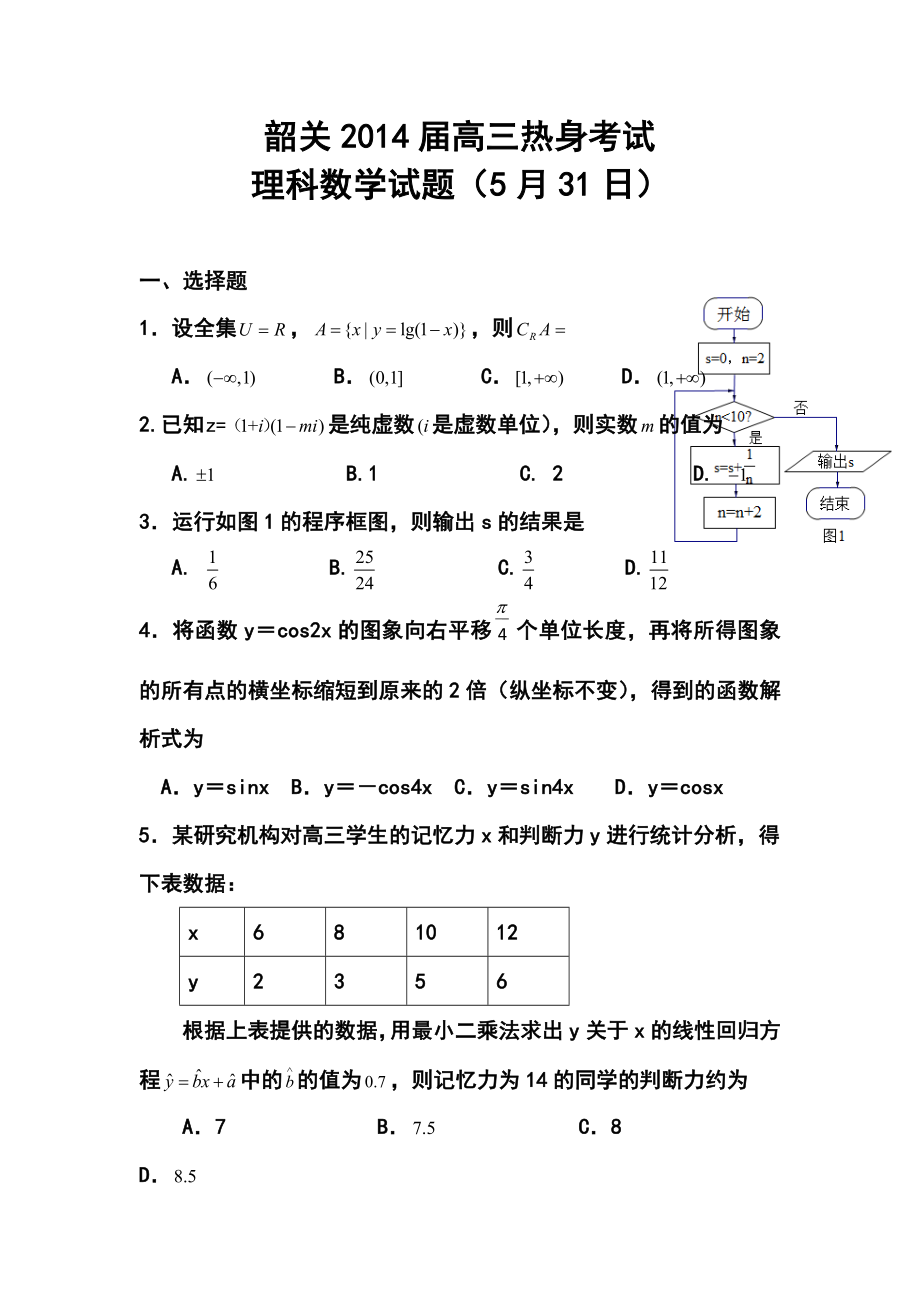 广东省韶关市高三考前热身考理科数学试题及答案.doc_第1页