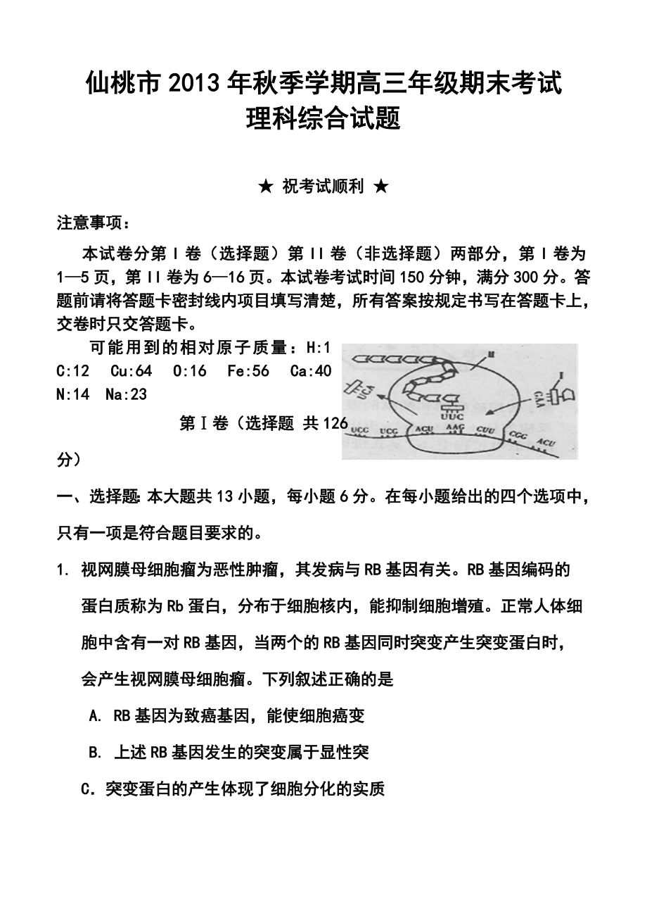 湖北省仙桃市高三上学期期末考试理科综合试题及答案.doc_第1页