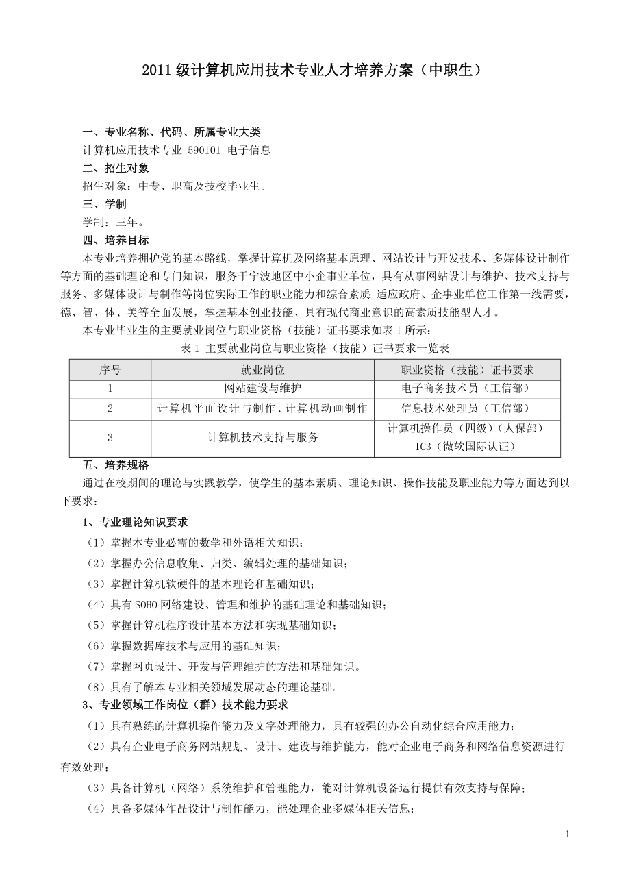 级计算机应用技术专业人才培养方案（中职生） .doc_第1页