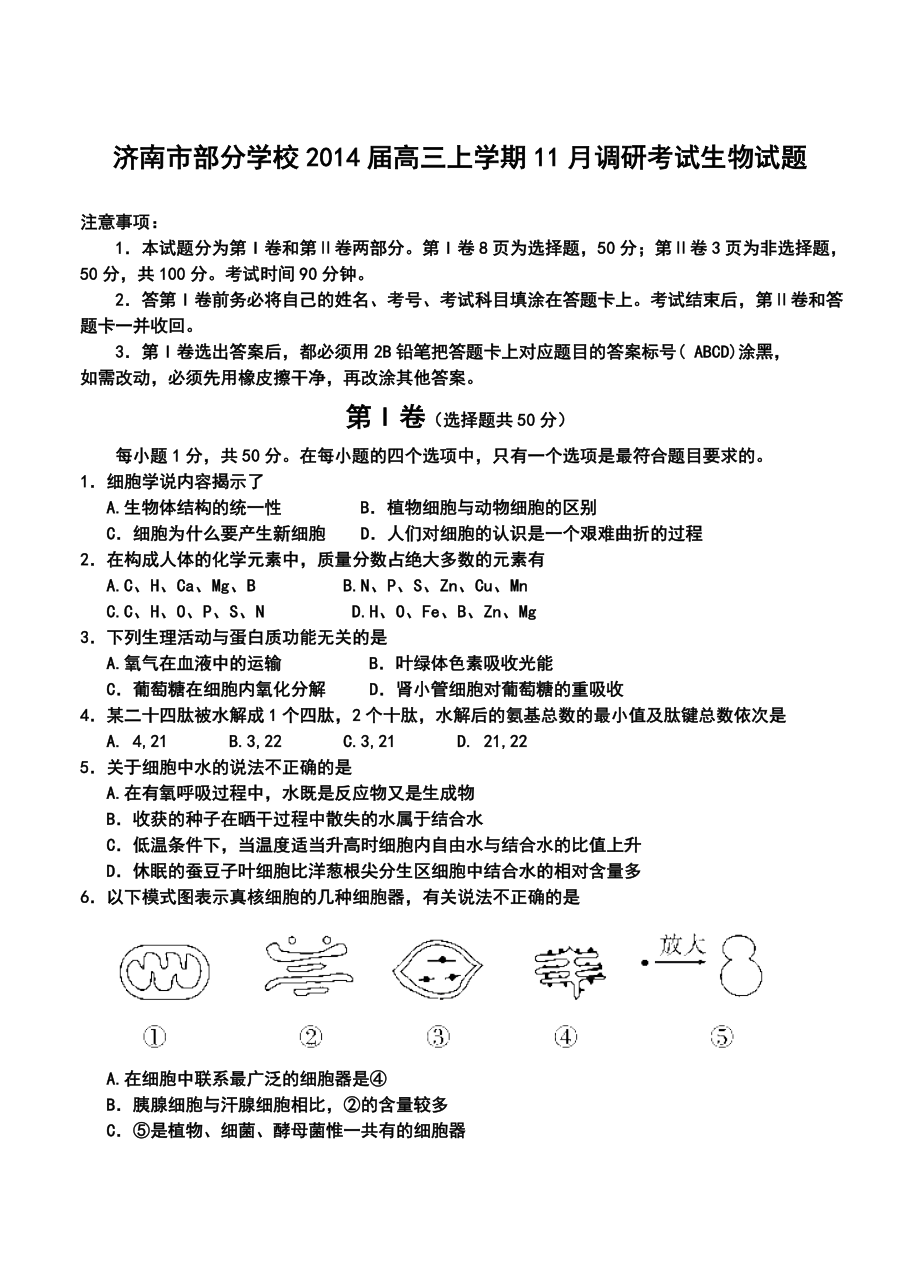 济南市部分学校高三上学期11月调研考试生物试题及答案.doc_第1页