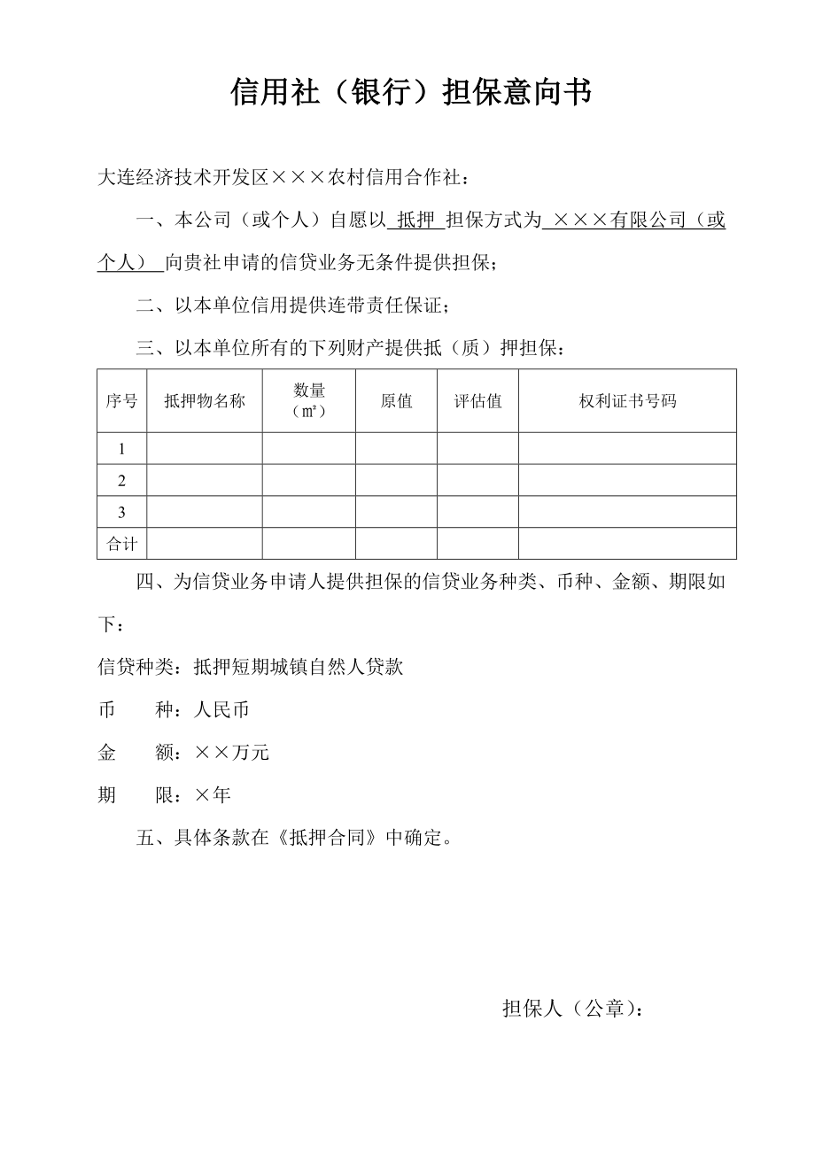 信用社（银行）担保意向书.doc_第1页