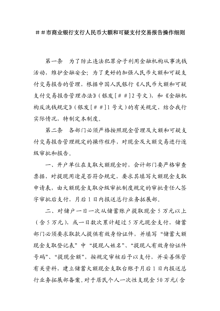 商业银行支行人民币大额和可疑支付交易报告操作细则.doc_第1页