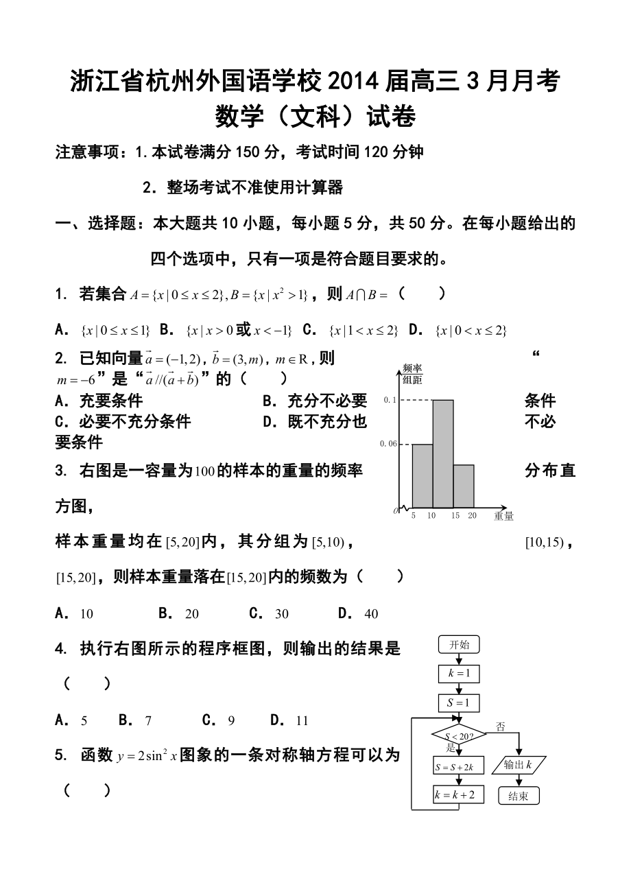 浙江省杭州外国语学校高三3月月考文科数学试卷及答案.doc_第1页