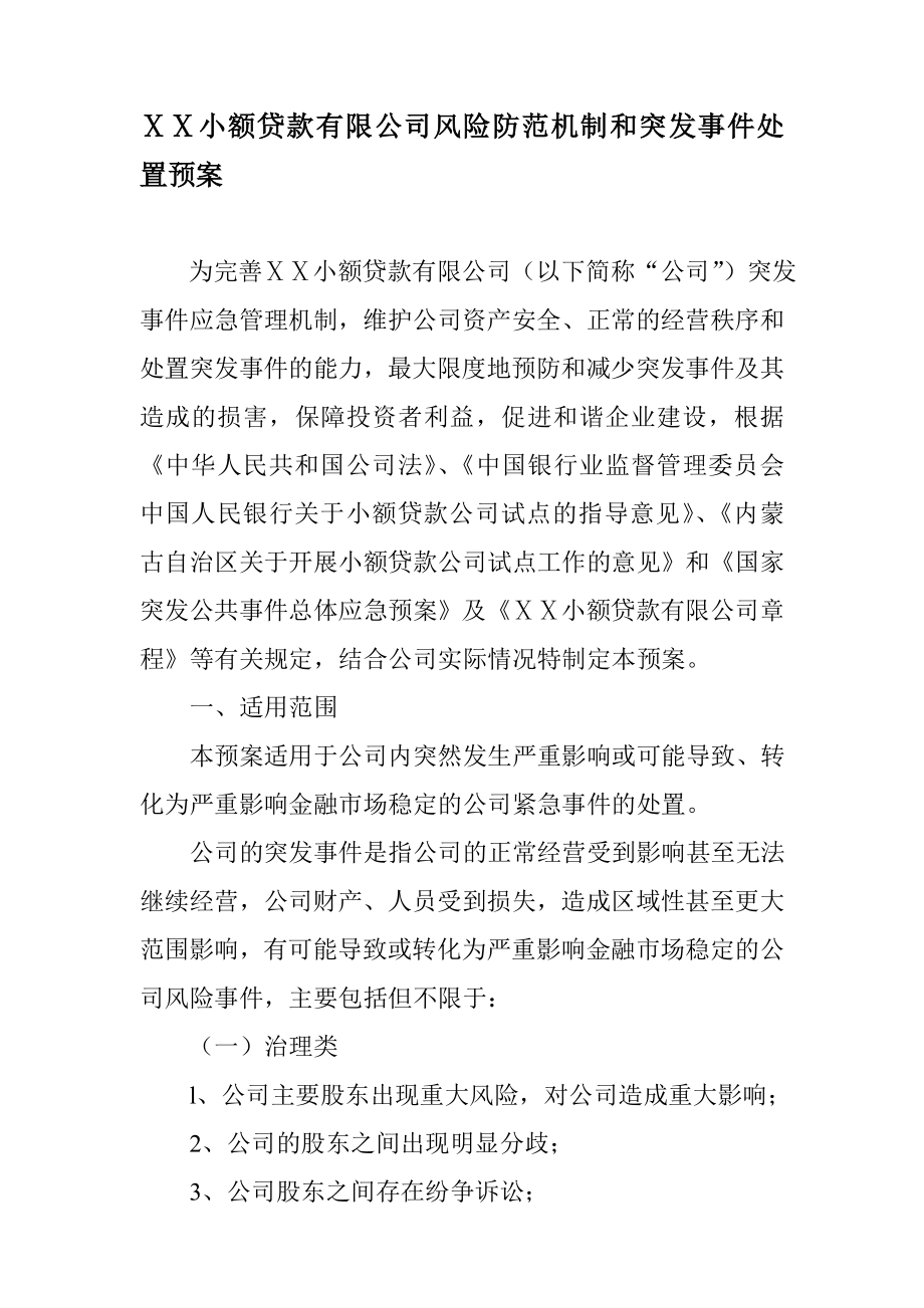 小额贷款有限公司风险防范机制和突发事件处置预案.doc_第1页