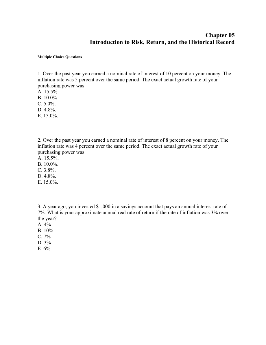 Chapter 05 Introduction to Risk, Return, and the Historical ：05章介绍风险回报和历史.doc_第1页