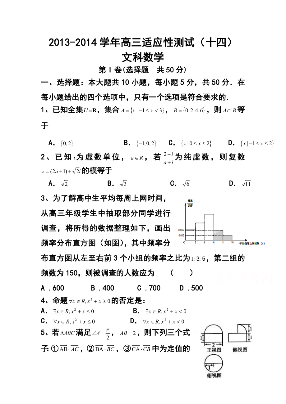 山东省山师附中高三下学期适应性测试（十四）文科数学试题 及答案.doc_第1页