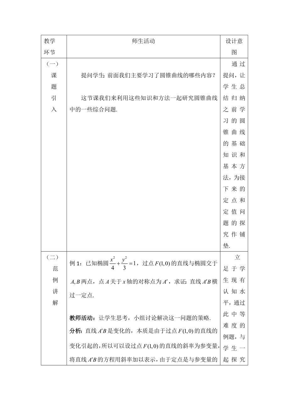 《圆锥曲线中的定点与定值问题)教学设计精编版.doc_第2页