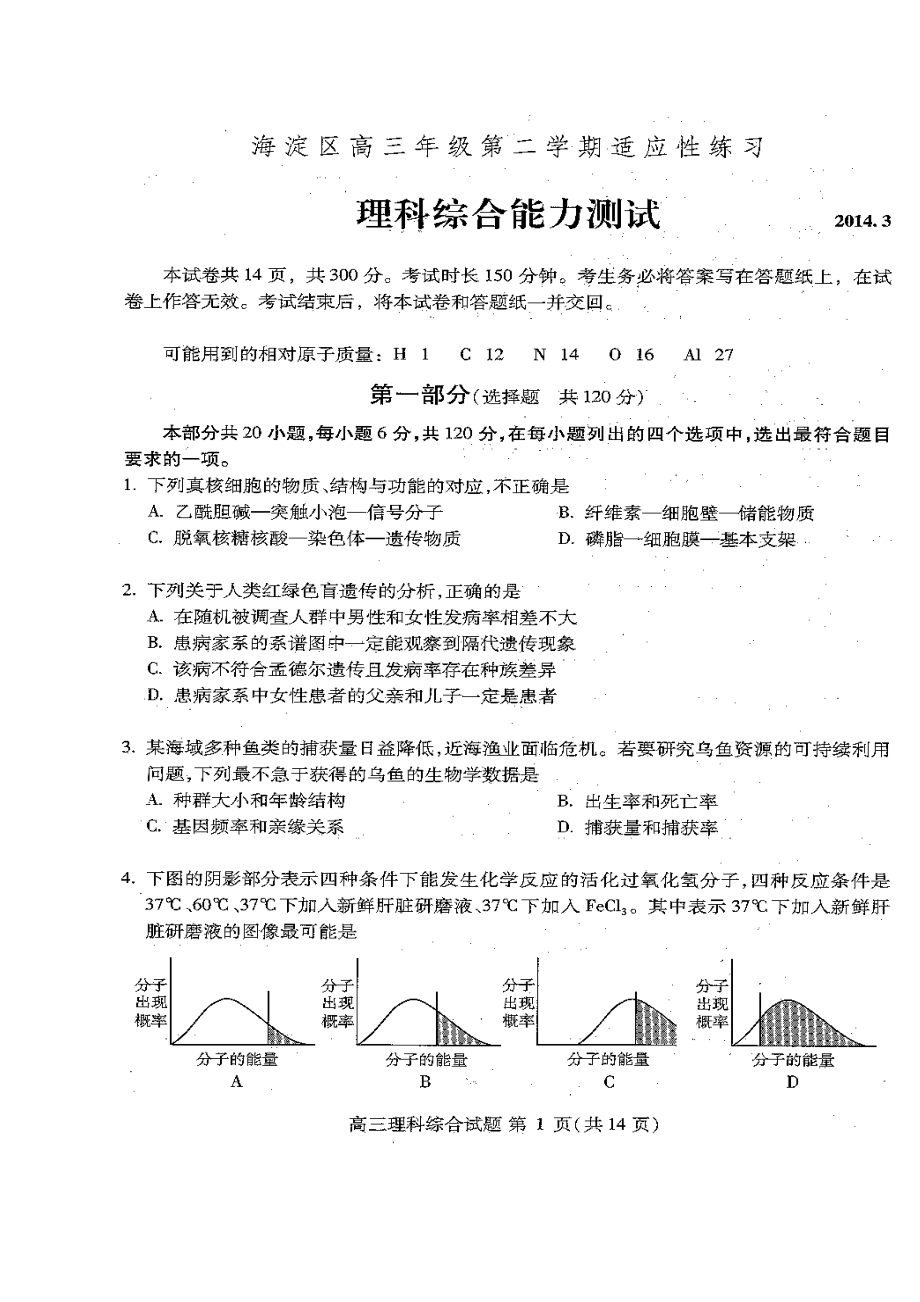 北京市海淀区高三下学期3月适应性练习理科综合试题及答案.doc_第1页