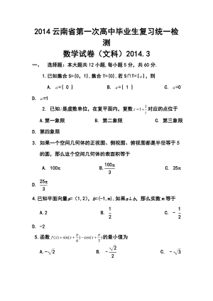 云南省高中毕业生第一次复习统一检测文科数学试题及答案.doc