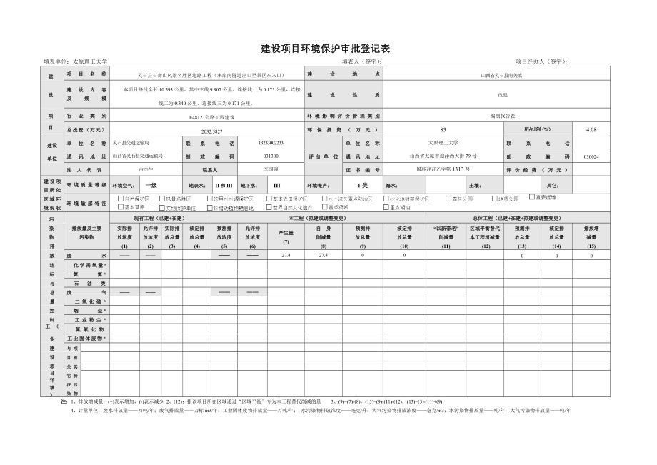 环境影响评价报告公示：灵石县石膏山风景名胜区道路工程水库南隧道出口至景区东入环评报告.doc_第1页