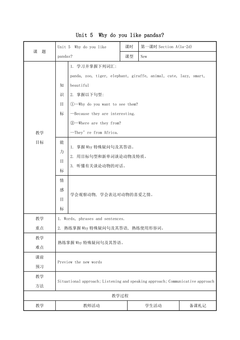 七年级英语下册Unit5Whydoyoulikepandas教案人教新目标版.doc_第1页