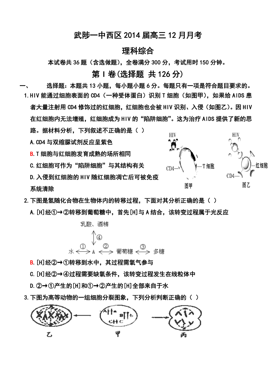 河南省武陟一中西区高三12月月考理科综合试题及答案.doc_第1页