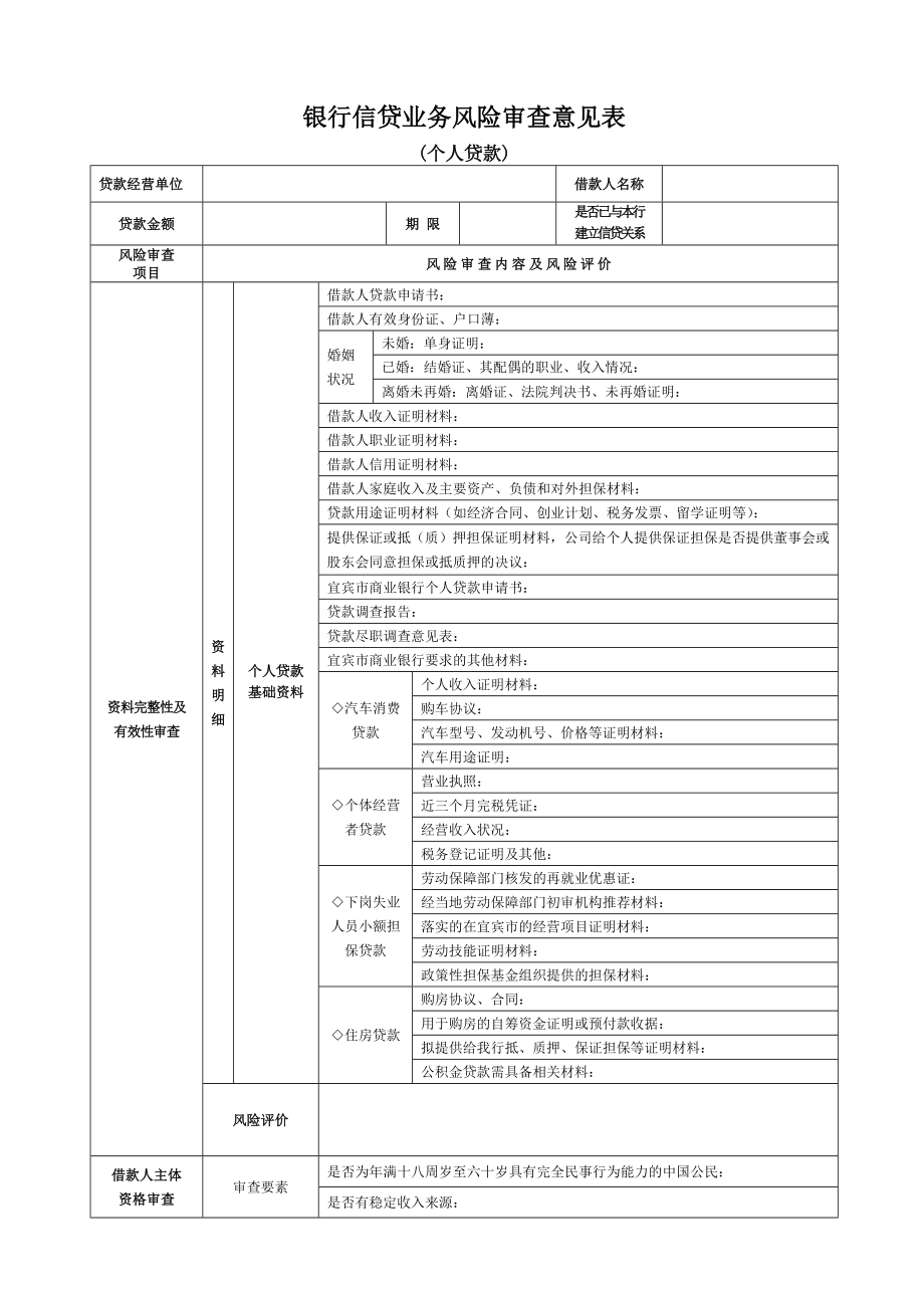 银行个人贷款业务风险审查意见表.doc_第1页