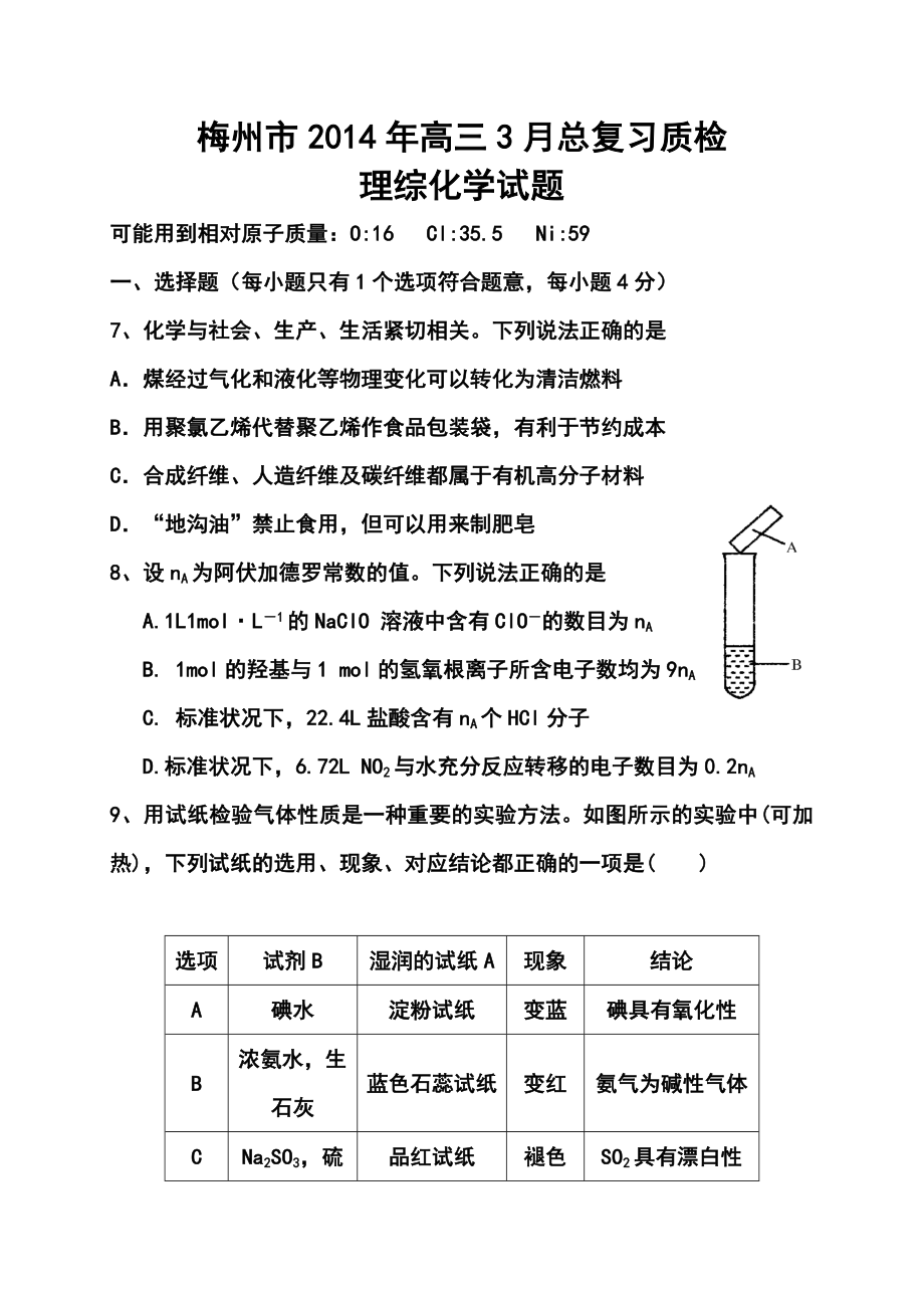 广东省梅州市高三第二学期3月总复习质检化学试卷及答案.doc_第1页